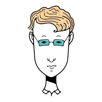 Hand-drawn funny characte, the face of a young man with glasses, vector illus Stock Illustration