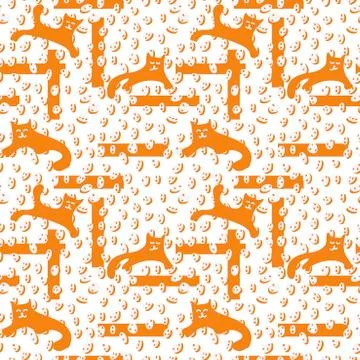Hand drawn Funny kittens playing. Two-tone illustration, vector seamless pattern Stock Illustration