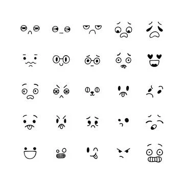 Hand drawn funny smiley faces. Happy kawaii style. Sketched facial expressi.. Stock Illustration