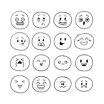 Hand drawn funny smiley faces. Emoji icons. Sketched facial expressions set.. Stock Illustration