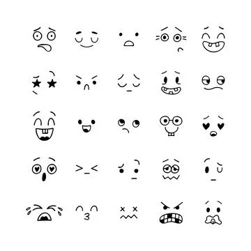 Hand drawn funny smiley faces. Emoji icons. Sketched facial expressions set.. Stock Illustration