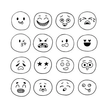 Hand drawn funny smiley faces. Sketched facial expressions set. Collection .. Stock Illustration