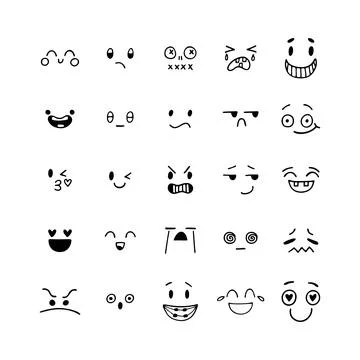 Hand drawn funny smiley faces. Kawaii style. Sketched facial expressions se.. Stock Illustration