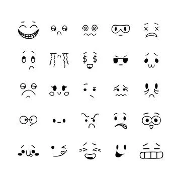 Hand drawn funny smiley faces. Sketched facial expressions set. Emoji icons.. Stock Illustration