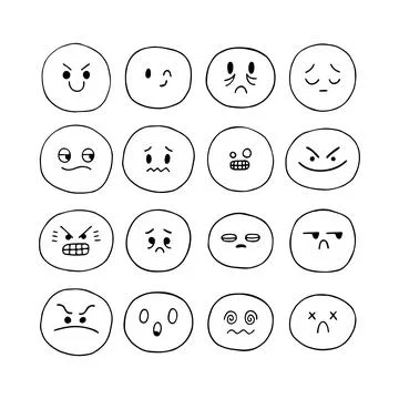 Hand drawn funny smiley faces. Sketched facial expressions set. Emoji icons.. Stock Illustration