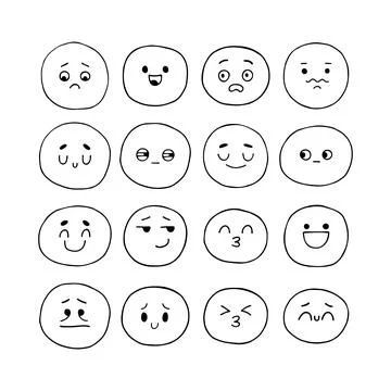 Hand drawn funny smiley faces. Sketched facial expressions set. Kawaii styl.. Stock Illustration