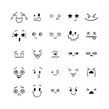 Hand drawn funny smiley faces. Sketched facial expressions set. Happy kawai.. Stock Illustration