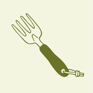 Hand drawn garden fork for soil aeration and weeding. Small digging tool with Stock Illustration
