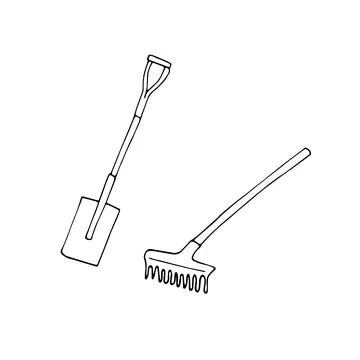 Hand drawn garden rake and garden spatula Stock Illustration