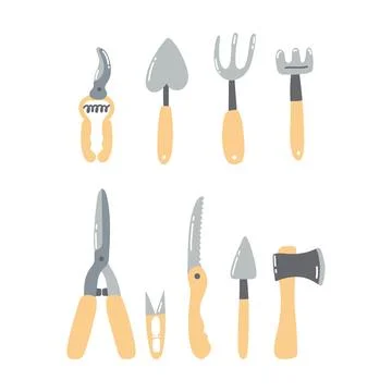 Hand drawn garden tools. Set of agricultural equipment Stock Illustration