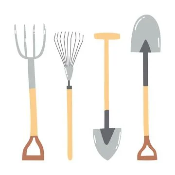 Hand drawn garden tools. Set of agricultural equipment. Stock Illustration