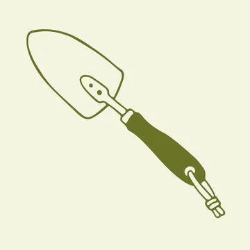 Hand drawn garden trowel for digging and planting. Small shovel with a wooden Stock Illustration