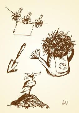 Hand drawn of gardening object Stock Illustration