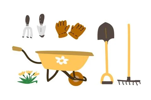 Hand drawn gardening tools and supplies set Stock Illustration