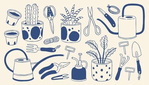 Hand drawn gardening tools and potted plants in blue outline style. Cute home Stock Illustration