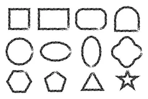 Hand drawn geometric frame shapes set with rough sketch borders, square, circle Stock Illustration