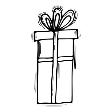 Hand drawn gift box. Doodle present with ribbon. Surprise. Birthday, Christ.. Stock Illustration
