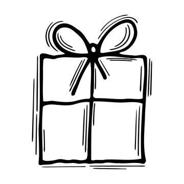Hand drawn gift box. Doodle present with ribbon. Surprise. Birthday, weddin.. Stock Illustration