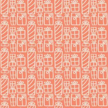 Hand drawn gift boxes with bows festive christmas seamless pattern soft orang Stock Illustration
