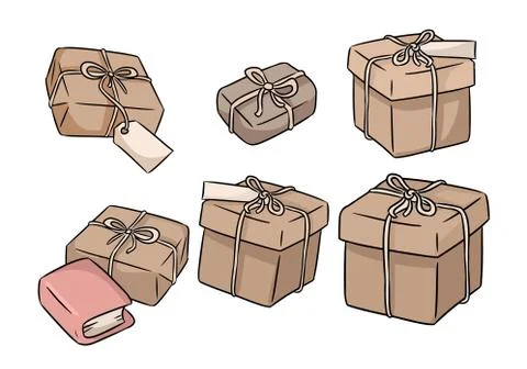 Hand drawn gift boxes doodles set. Vector image Stock Illustration
