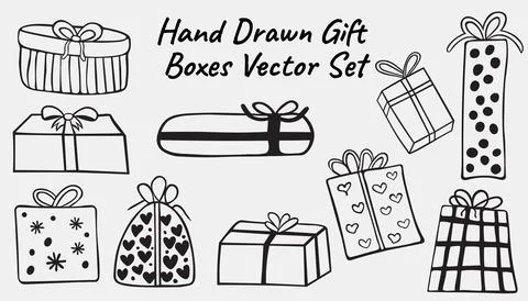 Hand Drawn Gift Boxes Presents Vector Set Collection Stock Illustration
