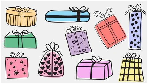 Hand Drawn Gift Boxes Presents Set Collection Doodle Style Stock Illustration