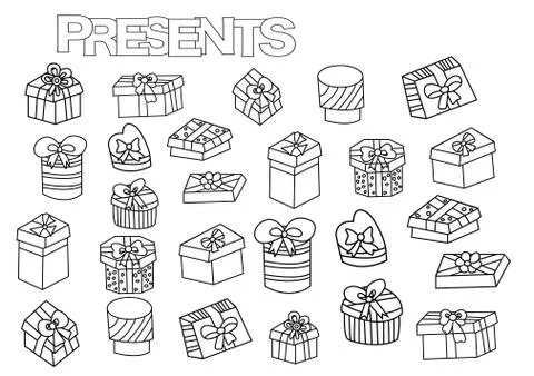 Hand drawn gift boxes set. Coloring book page template with presents. Stock Illustration