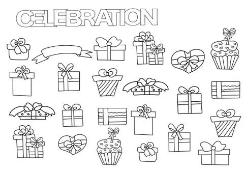Hand drawn gift boxes set. Coloring book page template with presents. Stock Illustration