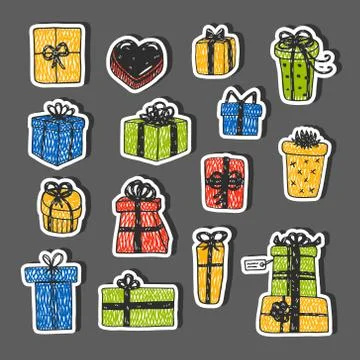 Hand drawn gift boxes set vector sticker set Stock Illustration