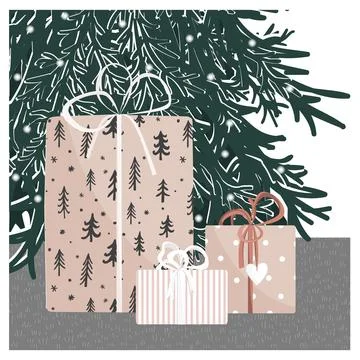 Hand drawn gift boxes under the Christmas tree. New Year home background with Stock Illustration
