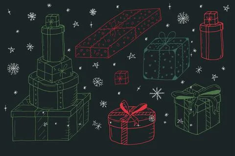 Hand drawn gift boxes.Vector illustration in doodle style. Christmas elements Stockillustratie