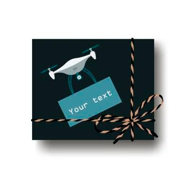 Hand drawn gift present box with tied string bow and drone carring a note Stock Illustration