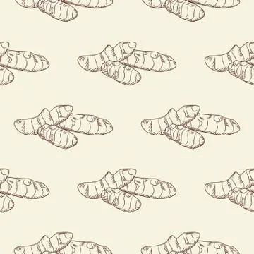 Hand drawn ginger root seamless pattern. Ginger wallpaper. Stock Illustration