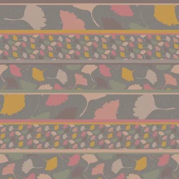 Hand drawn gingko leaf patchwork stripe seamless pattern. Homespun quilt style Stock Illustration