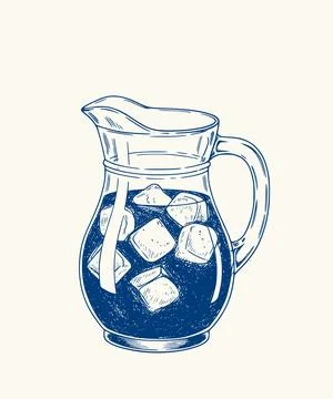 Hand drawn glass pitcher filled with summer compote drink and ice cubes Stock Illustration