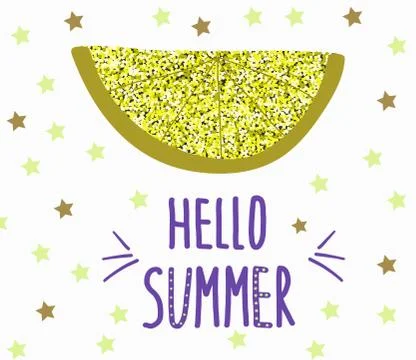 Hand drawn glitter slice of Lemon and hand written slogan Hello summer. Stock-Illustration