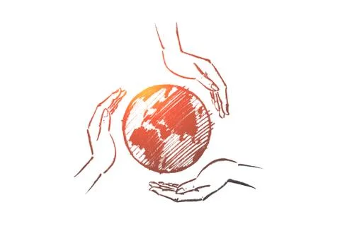 Hand drawn globe between three caring human hands Stock Illustration