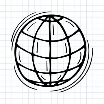 Hand drawn globe, earth model icon on checkered background. Office supplies.. Stock Illustration