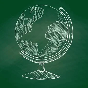 Hand drawn globe on a green school board. Vector illustration Stock Illustration