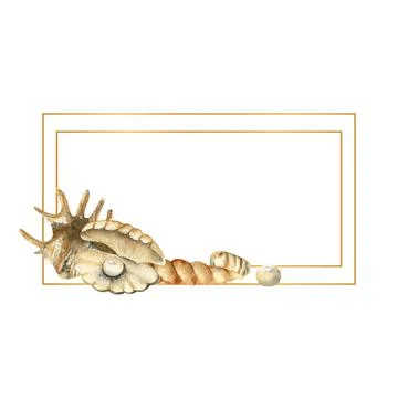 Hand-drawn Gold frame with shells, beach illustration. Watercolor seashells on a Stock Illustration