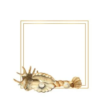 Hand-drawn Gold frame with shells, beach illustration. Watercolor seashells on a Stock Illustration