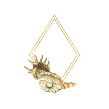 Hand-drawn Gold frame with shells, beach illustration. Watercolor seashells on a Stock Illustration