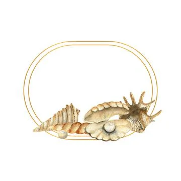 Hand-drawn Gold frame with shells, beach illustration. Watercolor seashells on a Stock Illustration