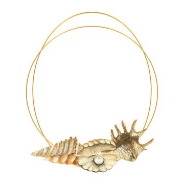 Hand-drawn Gold frame with shells, beach illustration. Watercolor seashells on a Stock Illustration