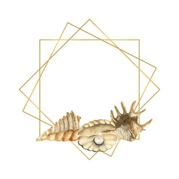 Hand-drawn Gold frame with shells, beach illustration. Watercolor seashells on a Stock Illustration