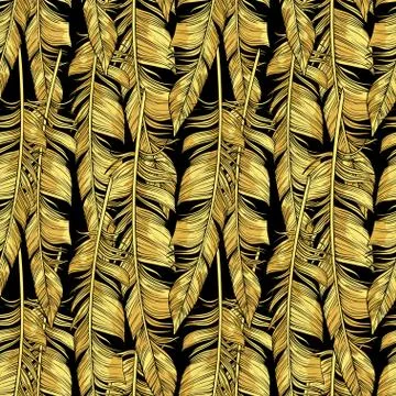 Hand drawn golden feathers pattern Stock Illustration