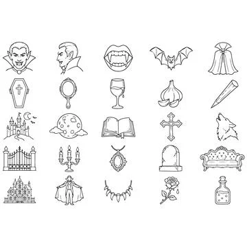 Hand-Drawn Gothic Horror Icon Set Featuring Vampire Themed Symbols and Object Illustration