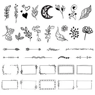 Hand drawn graphic elements. Flower, hearts, leaves, moon, arrow, corners 库存插图