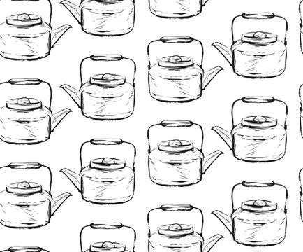 Hand drawn graphic seamless pattern with teapots in black and white colors.Tea Stock Illustration