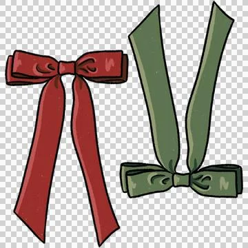 Hand drawn green, red bow, ribbon, on transparent background Stock Illustration